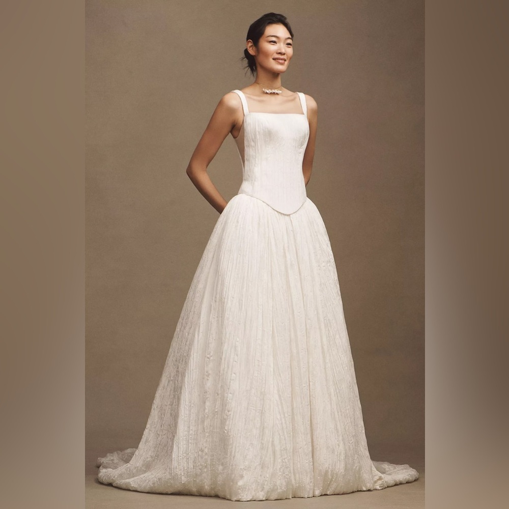 Jenny Yoo Aria Crinkled Habotai Corset Basque-Waist A-Line Wedding Gown Size 8